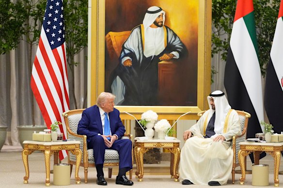President Donald Trump and UAE President Mohammed bin Zayed Al Nahyan talk  in Abu Dhabi on Thursday.