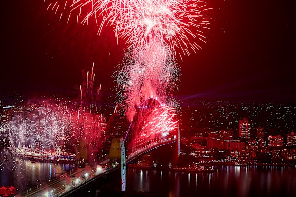 The midnight New Year’s Eve fireworks, seen from Circular Quay.