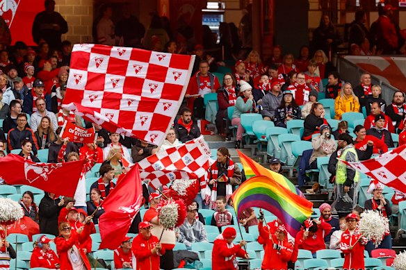 Rainbow-clad spectators at the 2025 pride match between Essendon and Sydney. 