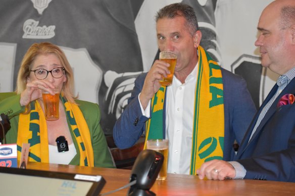 Sport and Recreation Minister Rita Saffioti and Racing and Gaming Minister Paul Papalia with Australian Hotels Association WA chief executive Bradley Woods in Perth on Friday.