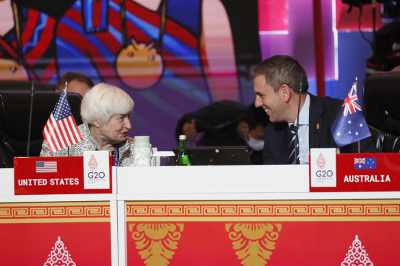 Treasurer Jim Chalmers, right, talks with US Treasury Secretary Janet Yellen during the G20 finance and health ministers’ meeting in Bali on the weekend.