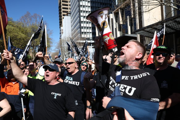 CFMEU members protest in Sydney on Tuesday.