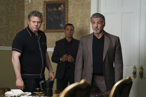 Domenick Lombardozzi as Charles “Chickie” Invernizzi and Stallone as Dwight Manfredi in Tulsa King.