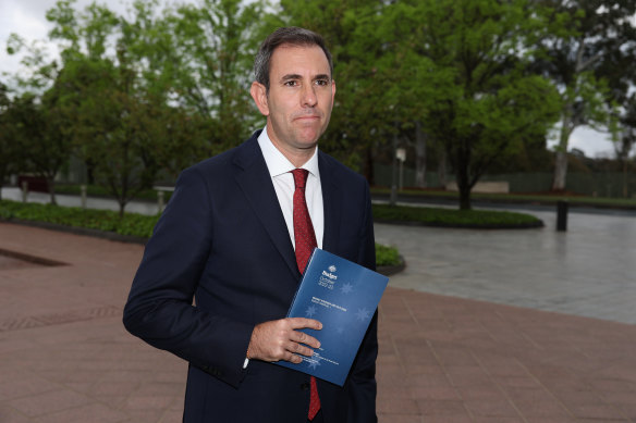 Treasurer Jim Chalmers during a doorstop interview at Parliament House in Canberra on Tuesday.