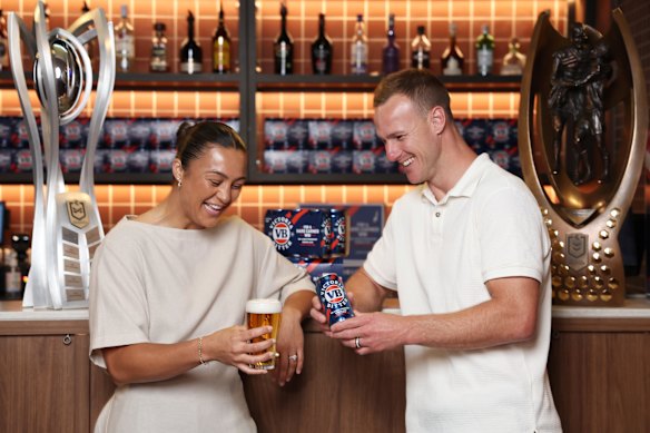Roosters premiership winners Corban Baxter and Daly Cherry-Evans at a VB promotion.