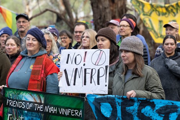 Dr Jacquie Kelly (left) and Peta Thornton (right) are part of a group that has camped out at the forest to protest the Victorian Murray Floodplain Restoration Project for 28 days.