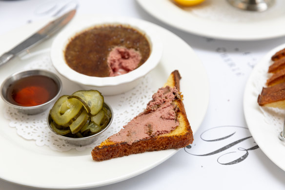 Chicken liver brulee on brioche with  marmalade and pickles.