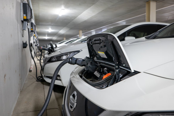 Electric vehicles charging in Canberra as part of ANU’s Realising Electric Vehicle-to-Grid Services trial.