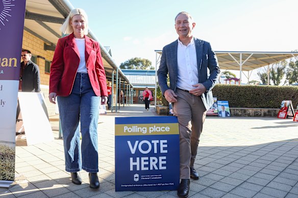 Labor candidate Georgia Tree and WA Premier Roger Cook at Secret Harbour polling booths on Saturday.