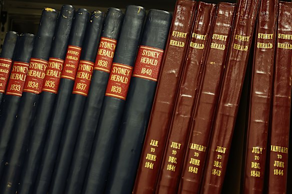 Some bound editions of the early Sydney Herald in the warehouse.