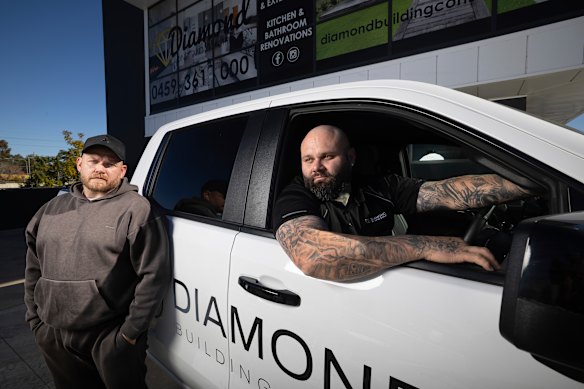 Diamond Building Group business development manager Daniel Atkinson and owner Cameron Neilsen, outside their Emu Plains office, say small businesses are struggling with the burden of toll costs in western Sydney. 