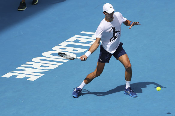 Novak Djokovic training in Melbourne yesterday. 
