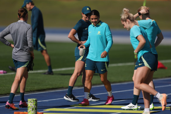 Sam Kerr arrived at training on Sunday towards the end of the allotted media viewing window.