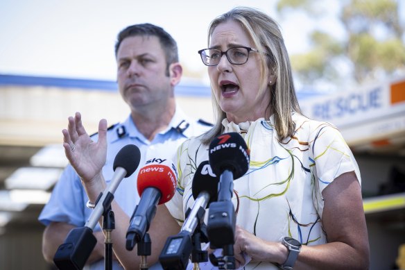 Premier Jacinta Allan speaks to media in Seymour on Tuesday.