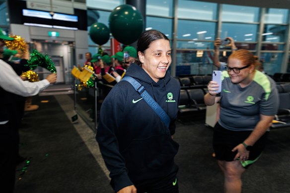 Sam Kerr was greeted by fans as he arrived at Sydney Airport on Wednesday evening.