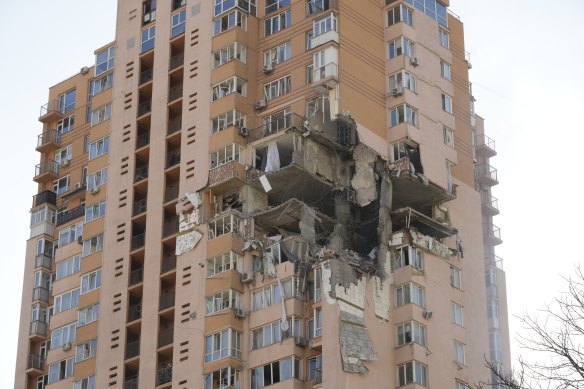 An apartment building damaged following a rocket attack on the city of Kyiv, Ukraine on Saturday.