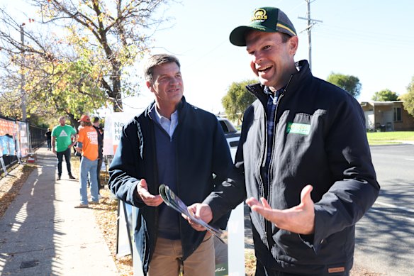 Opposition Leader Angus Taylor and Nationals leader Matt Canavan on the campaign trail in Farrer. 