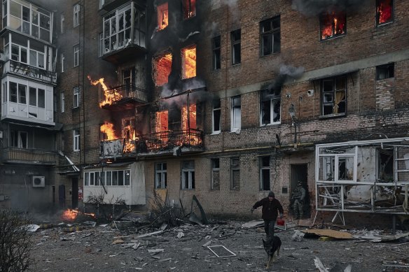 An apartment building in Bakhmut, Donetsk region, destroyed by Russian shelling earlier this month. 