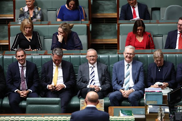 A pleased PM, as then opposition leader Peter Dutton delivers his budget reply speech on March 27, 2025.