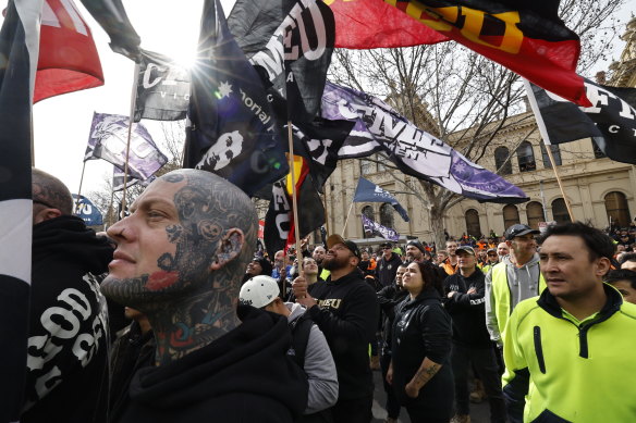 CFMEU protesters outside Trades Hall in Carlton on Tuesday.