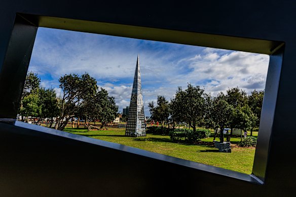Clayton Blake’s Pinnacle (centre) is seen through Michael Le Grand’s Primal Echo.
