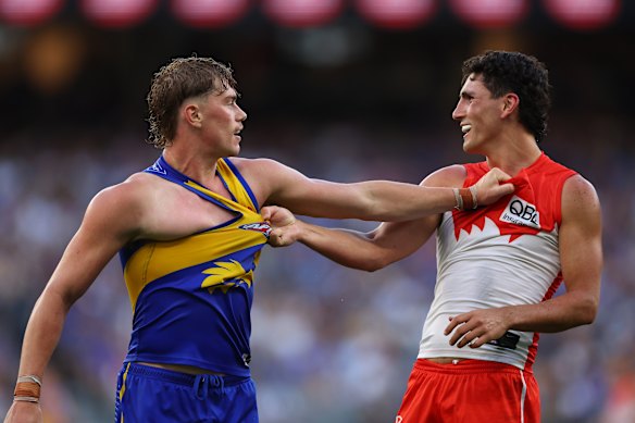 Harley Reid and Justin McInerney at Optus Stadium on Saturday night.