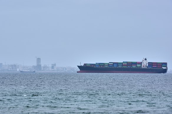 A container ship in the Strait of Hormuz off the coast of Qeshm Island, Iran, on April 18.