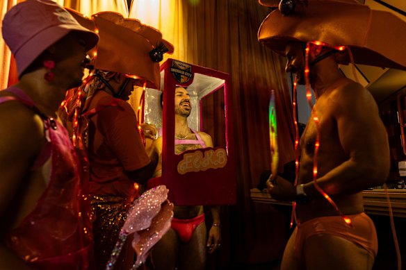 One of the floats – Emerald City Kickball – gearing up to march in tonight’s parade.