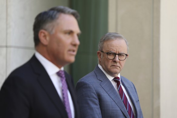 Defence Minister Richard Marles and Prime Minister Anthony Albanese announcing the government’s response on Monday.