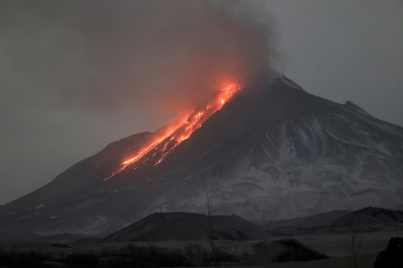 The volcano on the Kamchatka Peninsula in Russia.