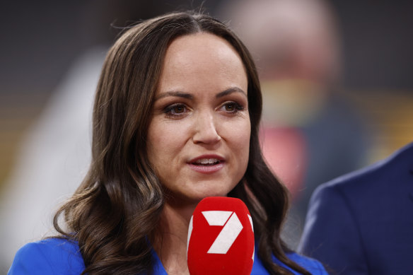 Commentator and AFLW player Daisy Pearce at the round 19 match between Richmond and Fremantle.