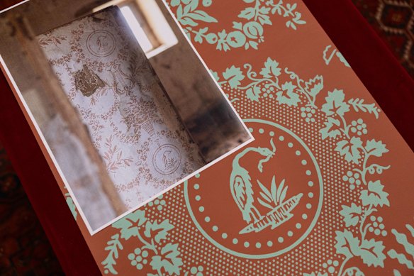 A photo of one of the original wallpapers in Chateau de Purnon, which was the inspiration for a new range by Farrow & Ball.
