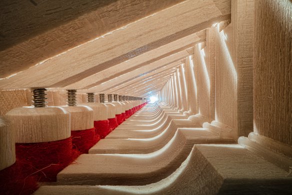The interior of a Fazioli grand piano.