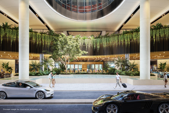 An artist’s impression of the porte cochere at The Star Grand hotel, part of Queen’s Wharf Brisbane.