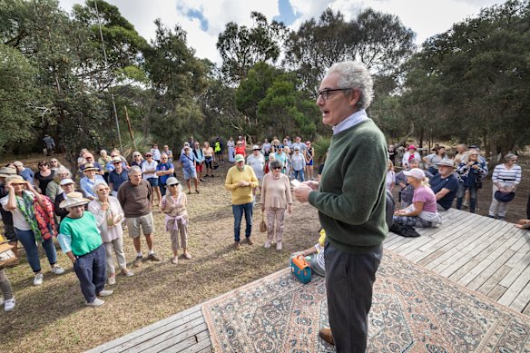 Tom Harley talking to visitors at the property during an open day on Monday. 