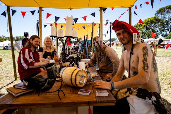 Just hanging out: Members of the warriors’ guild conferring at DrachenFest in Elmore.