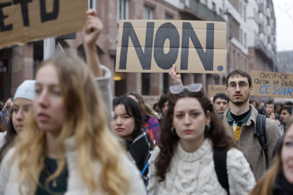 Demonstrators march in Strasbourg, eastern France. Demonstrators against the government’s plan to raise the retirement age to 64.