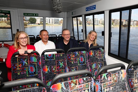 WA Deputy Premier Rita Saffioti, WA Premier Roger Cook, Prime Minister Anthony Albanese and Jodie Haydon riding Tricia on the Swan River in Perth, Western Australia.