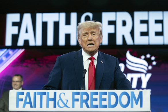 Former President Donald Trump speaks during the Faith & Freedom Coalition Policy Conference in Washington on Saturday, June 24.