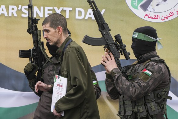 Israeli hostage Or Levy, being released by Hamas to the Red Cross on February 8.