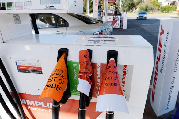 Sold-out signage on the petrol bowsers at Ampol Foodary Kingsford.