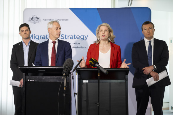 From left: Acting ACTU Secretary Liam O’Brien, Immigration Minister Andrew Giles, Home Affairs Minister Clare O’Neil and Business Council of Australia chief executive Bran Black in Canberra.