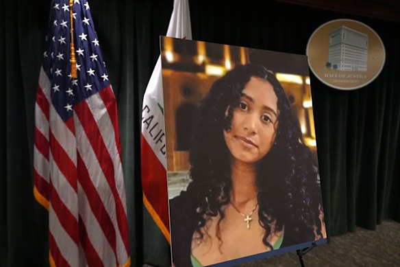 A photo of Celeste Rivas Hernandez is displayed during a press conference in Los Angeles.