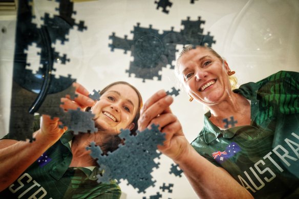 Australian Jigsaw Puzzle Association vice president Louise Jackett (left) and Heidi Schwegler.