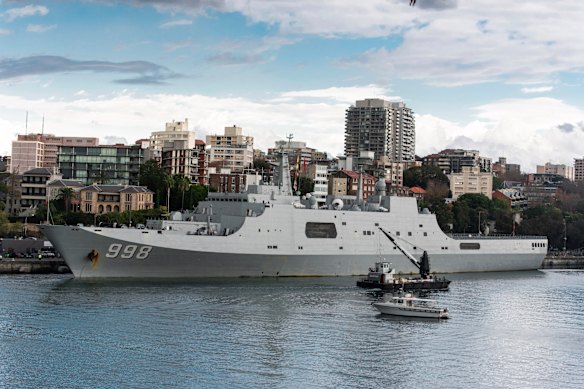 A Chinese naval ship docks with two others after arriving at Garden Island Naval Base in Sydney on June 3, 2019.