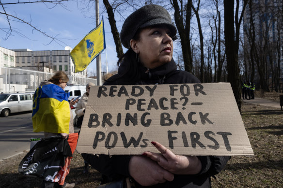 A Ukrainian POW group gathers outside the US embassy in Kyiv, Ukraine, on Thursday. Mothers and wives of missing Ukrainian soldiers are demanding that any US-brokered peace deal includes a prisoner exchange.