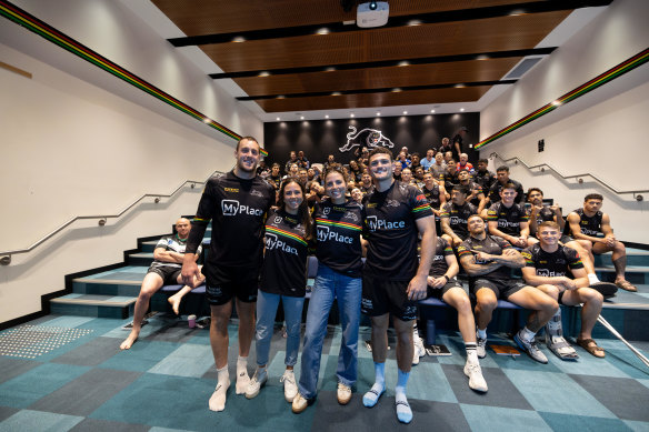 Isaah Yeo and Nathan Cleary with Noemie and Jess Fox on Monday morning.