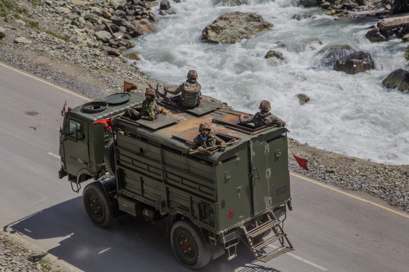 Indian army convoy carrying reinforcement and supplies, drive towards Leh, on a highway bordering China on September 2.