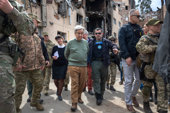 UN Secretary-General Antonio Guterres views homes destroyed during fighting in Irpin outside Kyiv.