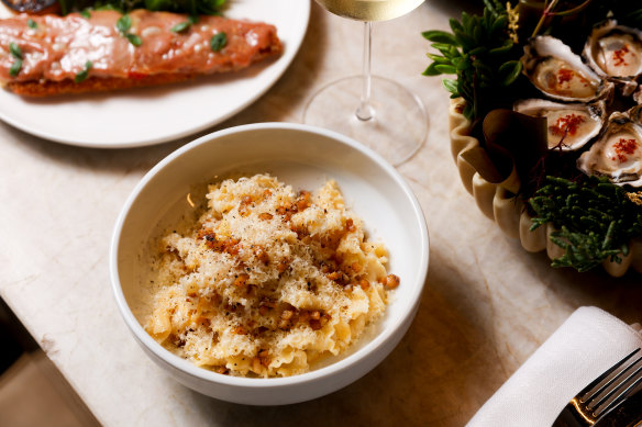 Campanelle pasta carbonara with house-cured kingfish collar.